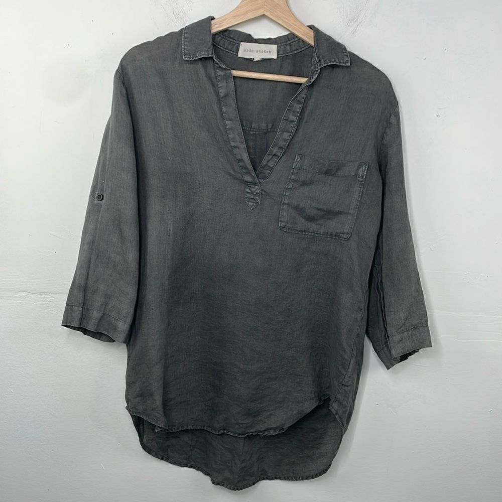 Side Stitch Linen Popover Tunic Top Blue Roll Tab Sleeve Pocket Collar Small